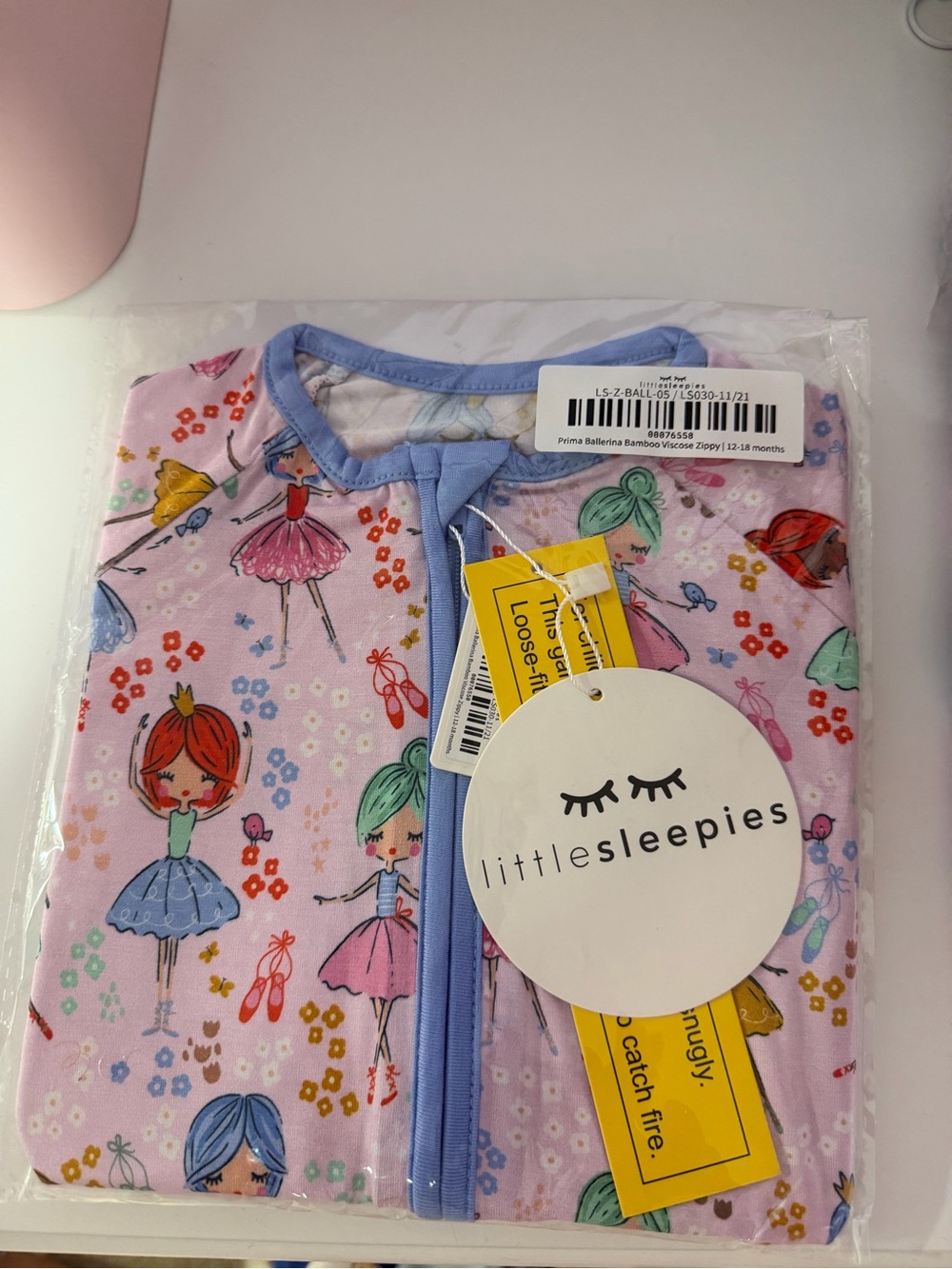 Little Sleepies Pink Ballerina Print Sleep Sack with Blue Trim